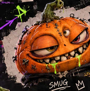 Slopkin looking smug with three mismatched eyes and an absurd grin.
