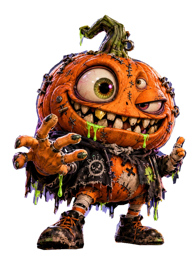 Slopkin, a crooked orange pumpkin with three mismatched eyes, a ridiculous grin, patchwork clothes and little boots.
